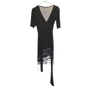 WOMENS SHORT SLEEVE V-NECK KNEE LENGHT BLACK WRAP STYLE- DRESS SIZE X-SMALL